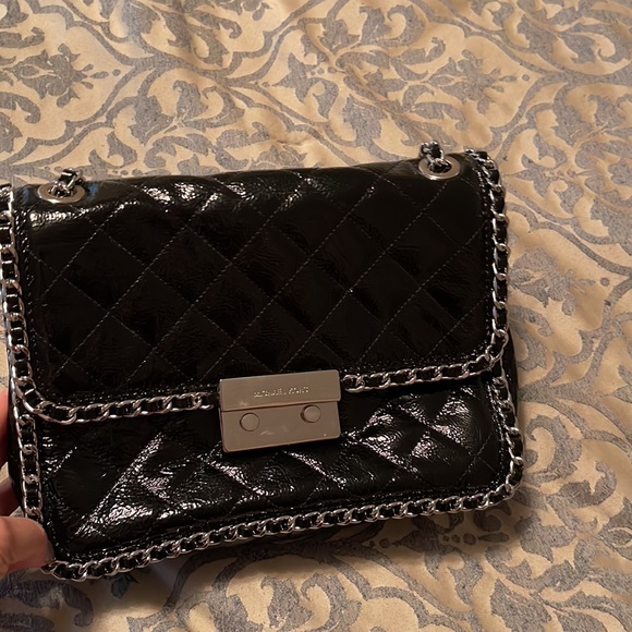 Michael Kors Black Patent Handbag with Silver chain detail - Picture 2 of 7